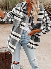 cheap Winter Coats-Women&#039;s Shirt Jacket Shacket Warm Breathable Buttons Pocket Print Casual Plaid Vacation Street Daily Wear Going out Single Breasted Regular Turndown Regular Fit Long Sleeve Outerwear Black Khaki