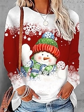 preiswerte Kunst &amp; Design T-Shirt-Frauen T-Shirt Urlaub Sweatshirt Langarm Schneemann Druck Farbe Block Rot Weiß Winter Party Lässiger Pullover Festliche Kleidung Apparel