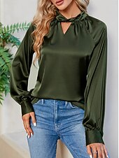 economico Top eleganti-Per donna Camicia Elegant Elegante Raso/Satin Tinta unica Signore Elegante Manica Lunga Scollo a V Top Regolari Feste Lavoro Nodo attorcigliato Nero Bianco Verde Cachi Autunno Inverno