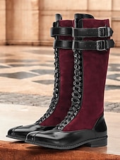 baratos anos 1930-botas femininas de camurça sintética bordô e couro sintético preto com cadarço na altura do joelho – design de inspiração vintage com tiras de fivela dupla, perfeitas para uso casual e formal