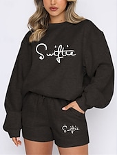 preiswerte Kurze Sets für Damen-Damen Modisch Strassenmode Täglich Pullover Sweatshorts Kurze Hose Langarm Rundhalsausschnitt Glatt Kordelzug Bedruckt Casual Täglich Schwarz Weiß Blau Herbst Regular Fit