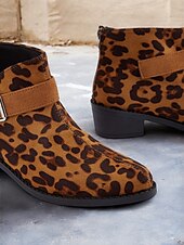 abordables Botines-Botines con estampado de leopardo para mujer con correa de hebilla, estilo occidental informal, tacón bajo cómodo para uso diario
