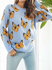 preiswerte Grafische Muster und Details-Damen Pullover Modisch Kuschelig Strassenmode Graphic Bedruckt Rundhalsausschnitt Strick Langarm Normale Oberteile Stricken Arbeit Wochenende Blau Orange Herbst Winter