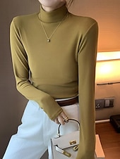 abordables T-shirt uni-Femme Tunique Couleur unie Décontractées manche longue Col Roulé Hauts réguliers du quotidien Noir Jaune Blanc Ecru Kaki Automne Hiver