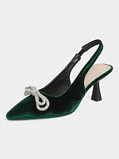 cheap Cocktail-Women&#039;s Velvet Slingback Heels – Pointed Toe Cocktail Party Pumps with Rhinestone Bow for Holiday and Nightlife Glam