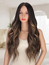economico Parrucche trendy sintetiche-parrucche lunghe per donne parrucche sintetiche lunghe ricce ondulate con attaccatura dei capelli in pizzo parrucca in fibra resistente al calore per uso quotidiano alle feste