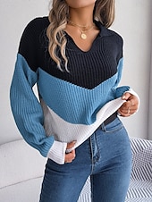 economico Motivi grafici e dettagli-Per donna Felpa Giornaliero Informale A strisce Collo a polo Lavorato a maglia Manica lunga Top regolari Maglia Ufficio Blu Cachi Autunno Inverno