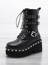tanie Buty bojowe-damskie czarne buty bojowe na platformie z paskami z ćwiekami i klamrami, punkowe buty motocyklowe w stylu gotyckim do cosplayu i streetwearu