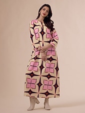 economico abito casual stampato-Per donna Largo Abito Stampato Abito Largo Abito maxi Rosa Manica 3/4 Geometrico Stampa Primavera &amp; Autunno Autunno colletto dentellato Bohemien Vintage Casual Quotidiano Vacanza Casa S M L