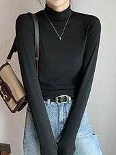 abordables T-shirt uni-Femme Tunique Couleur unie Décontractées manche longue Col Roulé Hauts réguliers du quotidien Noir Jaune Blanc Ecru Kaki Automne Hiver