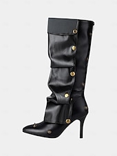 olcso Slouch Boots-sokoldalú női fekete műbőr magassarkú kabrió csizma gombos részlettel – 2 az 1-ben enyhe vagy elegáns térdig érő dizájn hétköznapi és formális alkalmakra