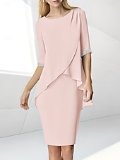 preiswerte Teelänge-Strandhochzeit Etuikleid Mutter der Braut Kleid Hochzeitsgast Eleganter Juwelenausschnitt Teelänge Chiffon halblangärmelig mit Perlen-Raffung
