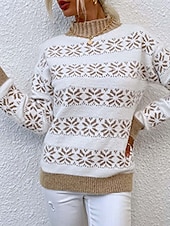 billiga Grafiska mönster och detaljer-stickad snöflingatröja dam höghalsad långärmad ribbad textur vit ljusblå vinter festlig semester kläder med normal passform