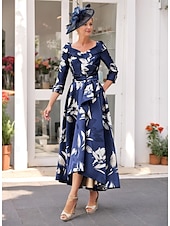 cheap Floor Length-A-Line Mother of the Bride Dress Elegant V Neck Tea Length Satin 3/4 Length Sleeve with Sash / Ribbon Wedding Guest Dress free custom size