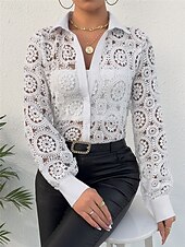 economico Top eleganti-camicetta da donna basic casual pizzo manica lunga regular top scollo a V quotidiano uscita bianco primavera&amp;amp;  autunno