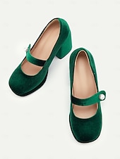 cheap 1950s-Women&#039;s Green Velvet Mary Jane Block Heels with Pearl Accent – Retro Platform Pumps for Party and Formal Events