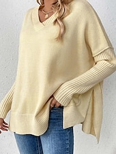 abordables Couleurs unies-Femme Pull Chandail Elégant Mode du quotidien Couleur unie Col V Tricoté manche longue Hauts longs Tricoter Travail Noir Jaune Automne Hiver
