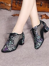 abordables Chaussures de danses latines-chaussures de danse à lacets en cuir noir pour femmes avec empiècements en maille et broderie florale, chaussures légères pour la danse de salon, latine et jazz