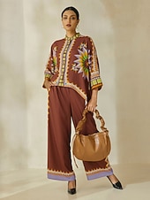 economico camicie, top e camicette-camicetta girocollo con maniche a giro in raso geometrico boho magyar