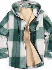 preiswerte Herrenjacken &amp; Herrenmäntel-Herren Hemdjacke Kapuzenjacke Shacket Flanell-Fleecejacke Täglich Urlaub warm Mit Kapuze Herbst Winter Schottenstoff Kariert Modisch Strassenmode Kargen Standard Schwarz Dunkelrot Hellgrün Rote Blau