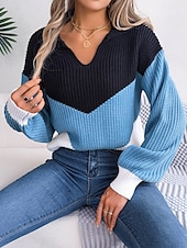 economico Motivi grafici e dettagli-Per donna Felpa Giornaliero Informale A strisce Collo a polo Lavorato a maglia Manica lunga Top regolari Maglia Ufficio Blu Cachi Autunno Inverno