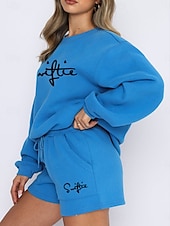 preiswerte Kurze Sets für Damen-Damen Modisch Strassenmode Täglich Pullover Sweatshorts Kurze Hose Langarm Rundhalsausschnitt Glatt Kordelzug Bedruckt Casual Täglich Schwarz Weiß Blau Herbst Regular Fit