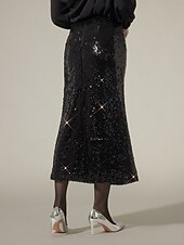 abordables jupe femme-Femme Midi Noir Jupes Printemps, Août, Hiver, Eté Paillettes Doublé Taille médiale Elégant Rétro Vintage Soirée Formel Mariage Soirée XS S M