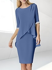 preiswerte Teelänge-Strandhochzeit Etuikleid Mutter der Braut Kleid Hochzeitsgast Eleganter Juwelenausschnitt Teelänge Chiffon halblangärmelig mit Perlen-Raffung