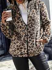 billige hettegenser jakke-Dame Fleece-jakke Teddyfrakk Hettegenser Hold Varm Pustende Glidelås Lomme Fleece Lined Fritid Leopard Feriereise Gate Dagligdagstøy Ut på byen Glidelås Normal Hettegenser Normal Langermet Yttertøy