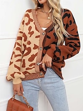 cheap Sweaters &amp; Cardigans-Women&#039;s Cardigan Fashion Daily Casual Leopard Color Block Print Open Front Knitted Long Sleeve Regular Tops Knit Formal Home Red Brown Fall Winter