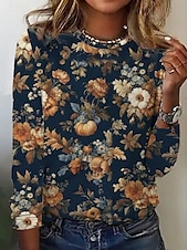 ieftine tricou floral-Pentru femei Tricou Floral Plante Casual Manșon Lung Stil Nautic Topuri obișnuite Zilnic Imprimeu Bleumarin Albastru piscină Trifoi Kaki Primăvară Toamnă