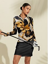 billiga Polos &amp;amp; kvartsdragkedjor-Dam Vandringspolotröja Svart+Guld Långärmad Överdelar Golfkläder för damer Kläder Outfits Bär kläder