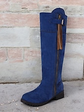 tanie Buty modowe-damskie niebieskie, zamszowe buty do kolan z bocznym zamkiem i frędzlami, styl vintage na jesień i zimę