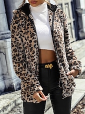 billige hettegenser jakke-Dame Fleece-jakke Teddyfrakk Hettegenser Hold Varm Pustende Glidelås Lomme Fleece Lined Fritid Leopard Feriereise Gate Dagligdagstøy Ut på byen Glidelås Normal Hettegenser Normal Langermet Yttertøy