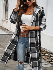 billige Trench Coats-Dame Hettegenser utendørs Gate Dagligdagstøy Høst Vinter Lang Frakk Normal Hold Varm Pustende Stilfull Fritid Jakker Langermet Striper og rutete Med lommer Trykt mønster Svart Brun Grønn
