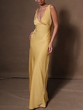abordables Robes pour invitées de mariage-Robe Invitée de Mariage Fourreau Élégante Robe Formelle Cravate Noire Longueur Maxi Sans Manches Col V Charmeuse Dos Nu avec Croisé 2025