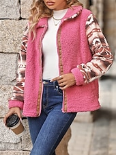 halpa Talvitakit-Naisten Fleecetakki Nallekarva Huppari takki Pidä lämpimänä Hengittävä Vetoketju Tasku Fleece-vuoratut Vintage Vapaa-aika Geometrinen Loma Katu Arki-asut Bile Vetoketju Normaali Sänkyjen avaus
