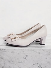 cheap Block Heels-Women&#039;s Beige Low Block Heel Pumps with Gold Buckle and Flexible Sole – Comfortable Slip-On Shoes for Office and Formal Wear
