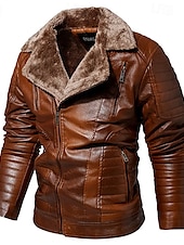 billige Lærjakker-Herre Lærjakker Fleece-jakke Biker jakke Motorsykkeljakke Daglig Feriereise Vindtett Hold Varm Lomme Høst vinter عادي Mote Klassisk Knaphul Normal Svart Rød Brun kaffe Jakker