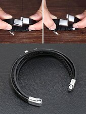 preiswerte Herrenschmuck-Schwarzes Lederarmband für Herren mit silbernem Kreuz – christliches religiöses Armband, verstellbarer Magnetverschluss