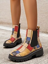 preiswerte Chelsea -Stiefel-mehrfarbige Chelsea-Stiefel im Patchwork-Stil für Damen – moderne dicke Sohle mit elastischen Seiteneinsätzen für Retro- und Casual-Styling