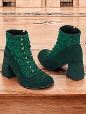 abordables años 1930-Botines de ante sintético verde para mujer con botón a presión, capa de encaje y cremallera lateral: diseño de inspiración vintage con tacón de bloque, perfectos para conjuntos elegantes y ocasiones especiales
