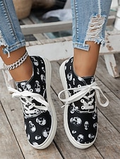 economico Per le donne-sneakers da donna con lacci e stampa teschio – scarpe basse casual gotiche con suola bianca, perfette per Halloween e per lo street style quotidiano