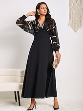 cheap Plain Dress-Women&#039;s Long Dress Sheer Feather Print Sleeves V-neck Black Festive Party Elegant Maxi Winter Fall Clothing Apparel