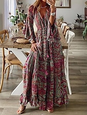 billiga Bohemklänningar-Dam Maxiklänning Vintage klänning Vardagsklänning Boho-klänning Ledigt Dagligen Lös passning Grafisk Långärmad V-hals Rubinrött Blå Grön Grå Vår Höst