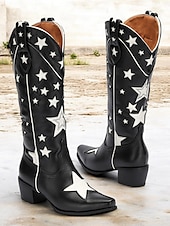 tanie Kowboj i zachodnie buty-czarne, kowbojskie buty w stylu western z wzorem w gwiazdy i białymi kontrastowymi zdobieniami – stylowe buty ze sztucznej skóry do rodeo, stylu country i na co dzień