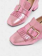 olcso Női topánkák és bebújós cipők-női rózsaszín metál blokksarkú cipők rojtokkal és arany csattal - retro vintage stílusú cipő bulikra és különleges alkalmakra