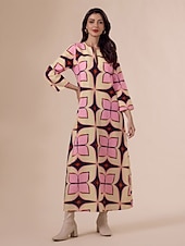 economico abito casual stampato-Per donna Largo Abito Stampato Abito Largo Abito maxi Rosa Manica 3/4 Geometrico Stampa Primavera &amp; Autunno Autunno colletto dentellato Bohemien Vintage Casual Quotidiano Vacanza Casa S M L