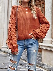 preiswerte Einfarbige Farben-Damen Pullover Elegant Modisch Täglich Feste Farbe Rundhalsausschnitt Strick Textur Langarm Normale Oberteile Stricken Arbeit Schwarz Weiß Herbst Winter