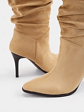 olcso Slouch Boots-női barna, velúr sima, térdig érő csizma tűsarkúval és hegyes orrral, stílusos őszi és téli lábbeli hétköznapi és estélyi viselethez
